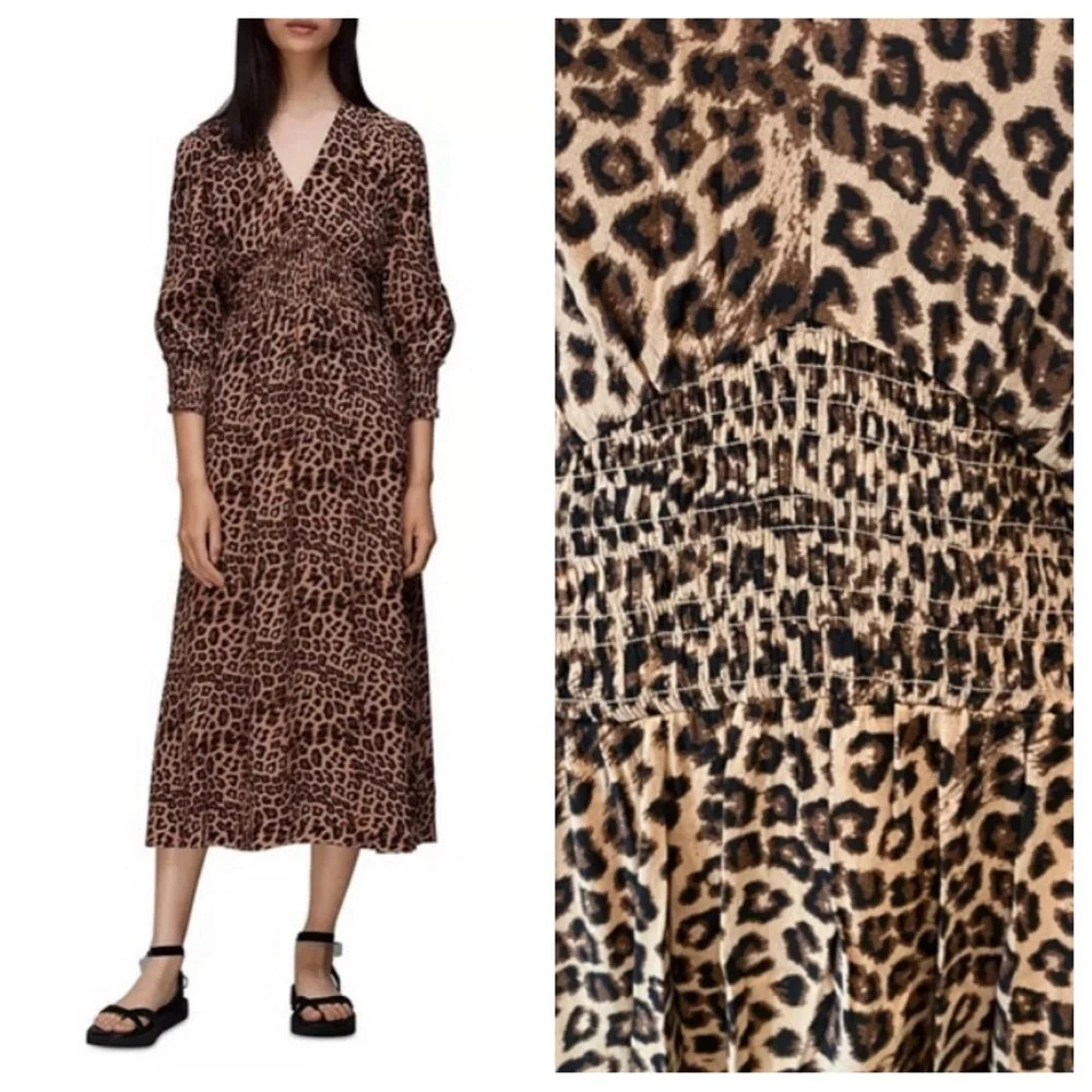 Whistles Jungle Cheetah Shirred Midi Dress leopard animal print 16891